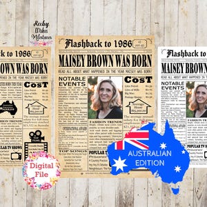 Może przedstawiać: Wydruk w stylu gazety zatytułowany "Flashback to 1986" z nagłówkiem "Maisey Brown Was Born". Projekt zawiera zdjęcie, godne uwagi wydarzenia, trendy w modzie oraz mapę Australii z napisem "Australian Edition".