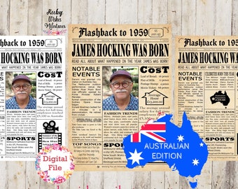 Personalised 65th Birthday 1959 Newspaper Front Page Poster Major Events Back in the Day Printable- Australian born in 1959