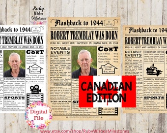Personalised 80th Birthday Canadian 1944 Newspaper Front page Printable Poster Born in Canada news events fun facts