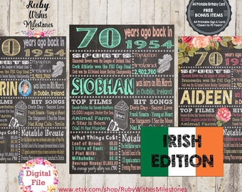 Personalised 70th Birthday born in 1954 Chalkboard Printable jpg and pdf- Irish Edition with facts for Ireland Watercolour Floral Chalk