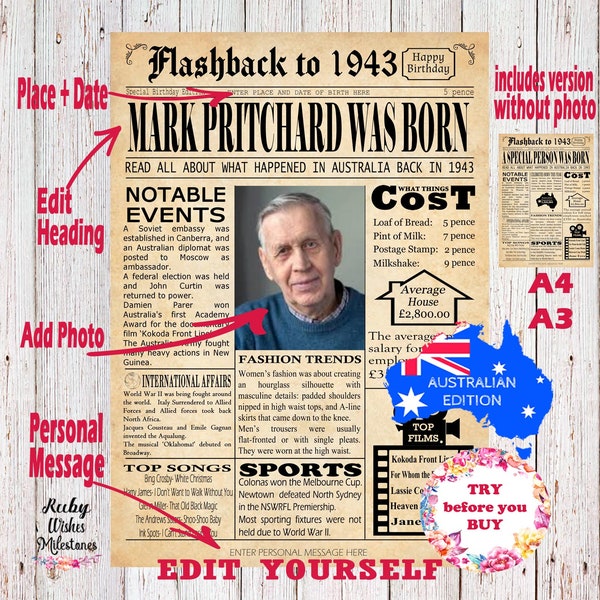 EDITABLE Birthday 1943 Newspaper Front Page Major Events Back in the Day Printable Australian Edit and Print Yourself Last Minute Gift A3 A4