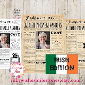 Personalised Irish 90th Birthday 1935 Newspaper Poster Major Events Back in the Day Printable- Irish data for Ireland born in 1935