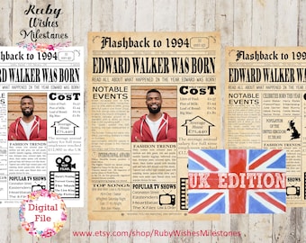 Personalised 30th Birthday British 1994 Newspaper Printable Front Page with Major Events- United Kingdom British facts born in 1994