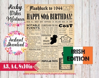 Instant Download 80th Birthday 1944 Newspaper Poster Major Events in Ireland Printable- Irish Last Minute Birthday Gift born in 1944