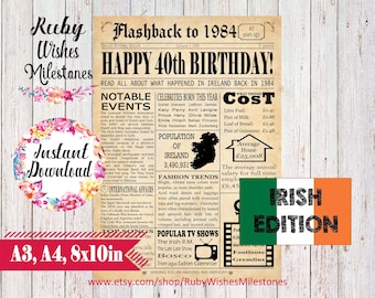 Instant Download 40th Birthday 1984 Irish Newspaper Printable Front Page Poster with Major Events in Ireland Irish Last Minute Birthday Gift