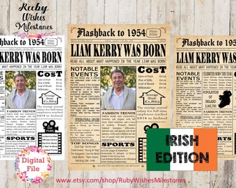 Personalised 70th Birthday 1954 Irish Newspaper Front Page Printable Poster. Born in Ireland. Fun facts major news events. Custom Add photo