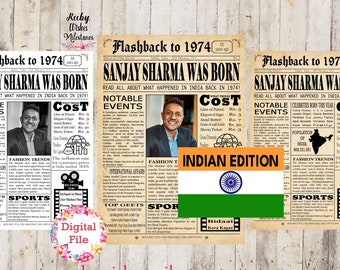 Personalised 50th Birthday 1974 Indian Newspaper Front Page Printable Poster. Born in India. Major news events. Customise Add Photo