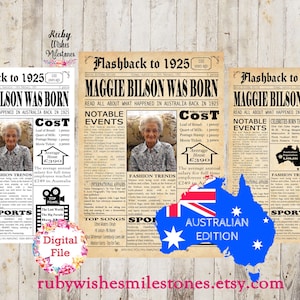 Personalised 1925 Australian Newspaper Poster Sign Flashback Facts and Major Events for 100th Birthday Celebration Printable Born in 1925