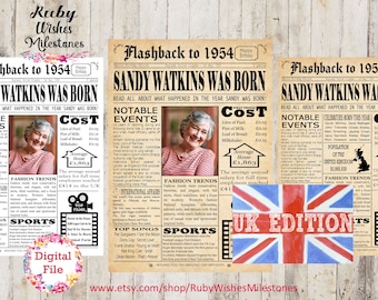 Personalised 70th Birthday 1954 British Newspaper Front Page Printable Poster. Born in the United Kingdom. UK fun facts, major news events