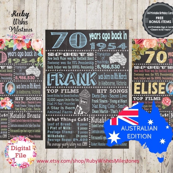Personalised 70th Birthday 1954 Chalkboard Printable jpg and pdf- Australian born in 1954