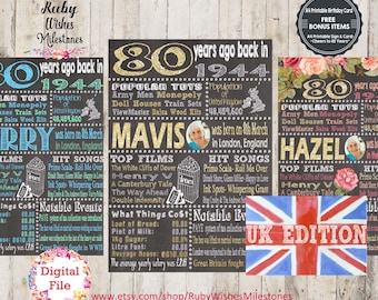 Personalised 80th Birthday 1944 Chalkboard Printable jpg and pdf- United Kingdom British UK born in 1944