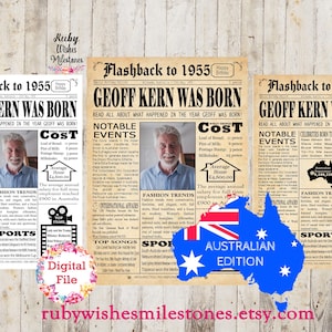 Personalised 70th Birthday 1955 Australian Newspaper Front Page Printable Poster. Born in Australia. Major news events. Customise Add Photo
