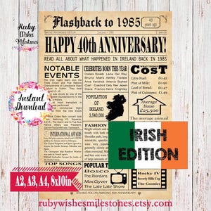 Instant Download 40th Anniversary 1985 Irish Newspaper Front Page Poster Major Events Back in the Day Printable- Married in Ireland