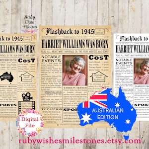Personalised 80th Birthday 1945 Newspaper Poster Major Events Back in the Day Printable born in 1945- Australian