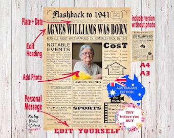 EDITABLE Birthday 1941 Australian Newspaper Front Page Printable Poster. Born in Australia. DIY. Edit online print yourself. Add photo