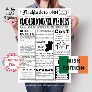 Celebrate 90 years of life in Ireland with this personalised newspaper printable! Featuring major events from 1934 on a white background, it's a wonderful way to remember this milestone birthday.