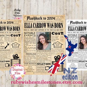 Personalised 21st Birthday 2004 New Zealand Newspaper Printable Front Page Poster- Major Events- Kiwi Facts born in NZ. Can include photo