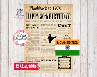 Instant Download 50th Birthday 1976 Indian Newspaper Front Page Printable Poster Born in India Fun Facts Major News Events