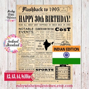 Instant Download 30th Birthday 1995 Indian Newspaper Front Page Printable Poster Born in India Fun Facts Major News Events