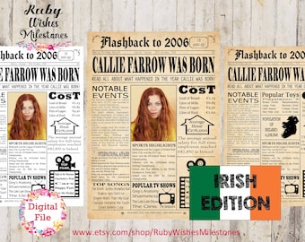 Personalised 18th Birthday 2006 Newspaper Printable Front Page Poster- With or without photo Irish edition facts for Ireland born in 2006