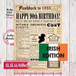 Instant Download 90th Birthday 1935 Newspaper Front Page Poster Major Events in Ireland Printable- Irish Last Minute Birthday Gift