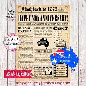 Instant Download 50th Anniversary 1975 Australian Newspaper Front page Printable Poster. Golden Anniversary. Married in Australia. Fun facts