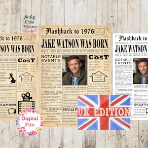 Może przedstawiać: Wydruk w stylu gazety z nagłówkiem "Flashback to 1976" i "Jake Watson Was Born". Projekt zawiera zdjęcie, godne uwagi wydarzenia i szczegóły dotyczące kosztów utrzymania. Obecny jest również baner "UK Edition".