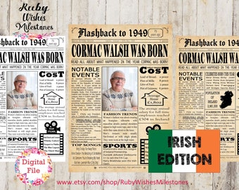 Personalised 75th Birthday 1949 Newspaper Poster Major Events Back in the Day Printable- Ireland- Irish facts born in 1949