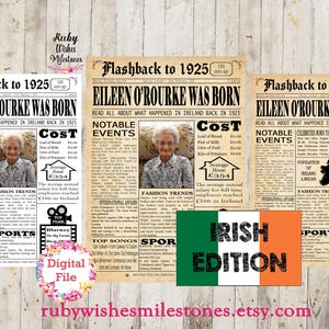 Personalised 100th Birthday 1925 Irish Newspaper Front Page Printable Poster. Born in Ireland. Fun facts major news events. Custom Add photo