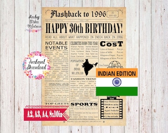 Instant Download 30th Birthday 1996 Indian Newspaper Front Page Printable Poster Born in India Fun Facts Major News Events