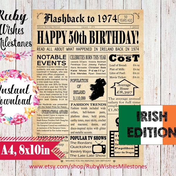 Instant Download 50th Birthday 1974 Irish Newspaper Front Page News Printable Poster- Born in Ireland. Last Minute Birthday Gift. Fun facts