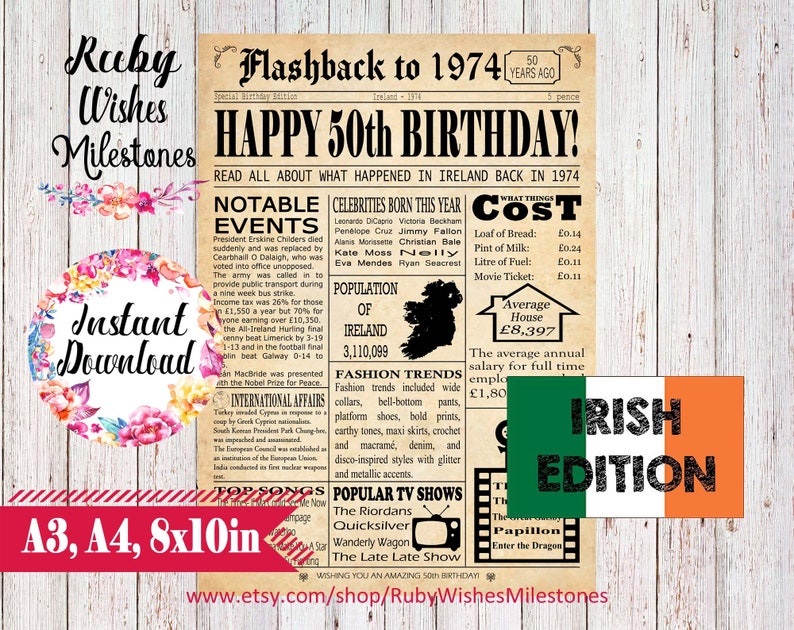 Instant Download 50th Birthday 1974 Newspaper Page Poster Major Events in Ireland Back in the Day Printable- Irish Last Minute Birthday Gift