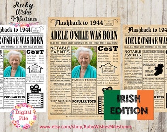 Personalised 80th Birthday 1944 Newspaper Poster Major Events Back in the Day Printable- Ireland- Irish facts born in 1944