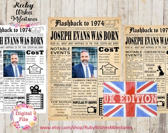 Personalised 50th Birthday 1974 British Newspaper Front Page Printable Poster. born in United Kingdom. UK major news events facts. Add photo