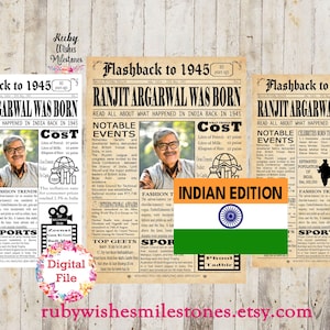 Personalised 80th Birthday 1945 Indian Newspaper Front Page Printable Poster. Born in India. Major news events. Customise Add Photo