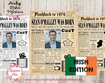 Personalised 50th Birthday 1974 Irish Newspaper Front Page News Printable Poster- Irish facts. Born in the Republic of Ireland. Add photo.