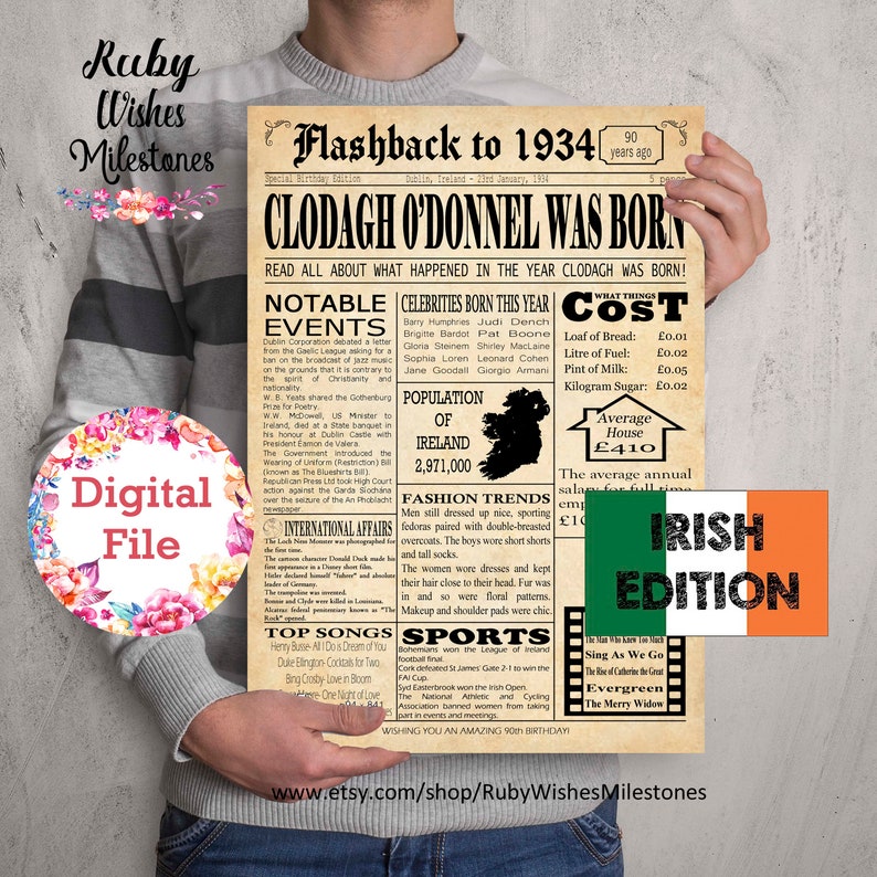 This personalised Irish newspaper printable with an aged background and major events from 1934 is a great way to celebrate turning 90 in Ireland! It's a unique and thoughtful gift that will be treasured.