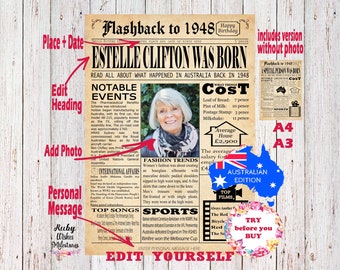 EDITABLE Birthday 1948 Newspaper Major Events Back in the Day Printable- Australian Edit and Print Yourself- Last Minute Gift A3 and A4