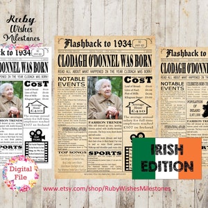 Celebrate turning 90 with this personalised Irish newspaper printable! Featuring major events from 1934, this unique gift is the perfect way to look back on 90 years of memories. Option to include a photo.