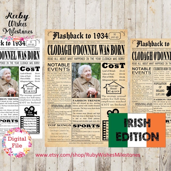 Personalised Irish 90th Birthday 1934 Newspaper Poster Major Events Back in the Day Printable- Irish data for Ireland born in 1934