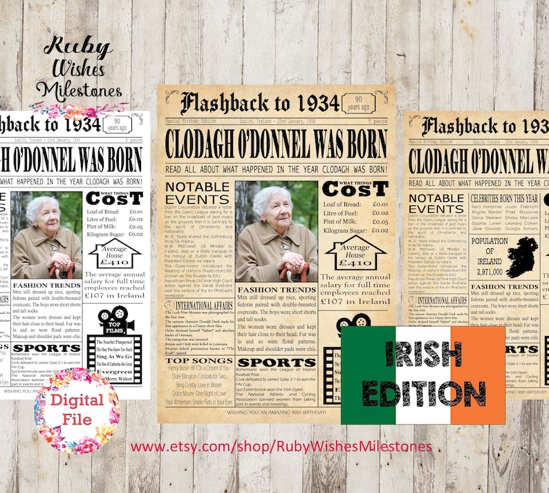 Celebrate turning 90 with this personalised Irish newspaper printable! Featuring major events from 1934, this unique gift is the perfect way to look back on 90 years of memories. Option to include a photo.