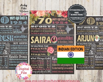 Personalised Indian 70th Birthday 1954 Chalkboard Printable born in India blackboard gift print at home jpg pdf