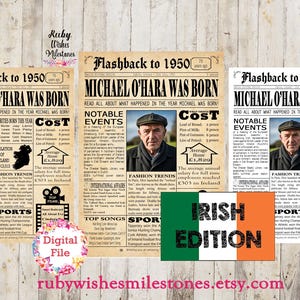 Personalised 75th Birthday 1950 Newspaper Poster Major Events Back in the Day Printable- Ireland- Irish facts born in 1950