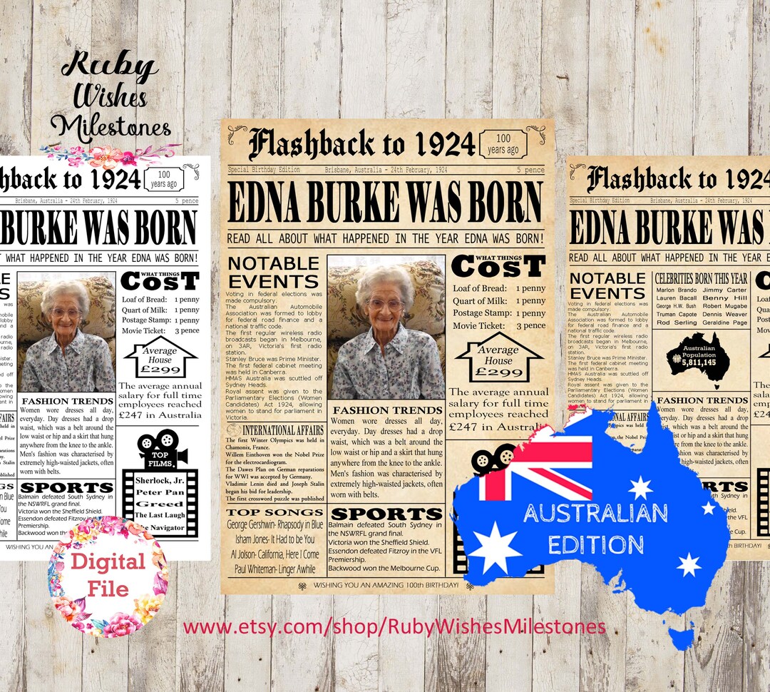 Personalised 100th Birthday Printable Flashback to 1924 Newspaper Major ...