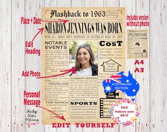 EDITABLE 1963 Australian Birthday Newspaper Front Page Printable Poster. Born in Australia. DIY. Edit and print yourself. Add a photo