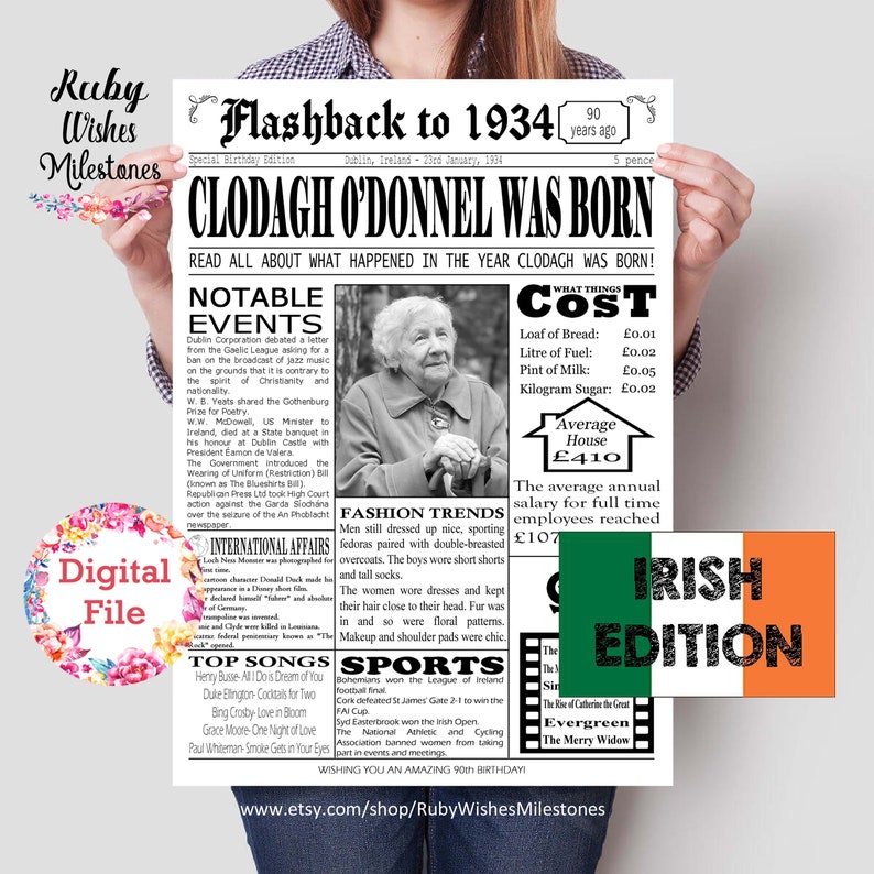 Infuse your milestone 90th birthday celebration with an air of sophistication with this refined newspaper, featuring a white background, a black and white photograph, and a discerningly curated collection of significant events from 1934 in Ireland.