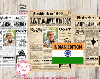 Personalised 80th Birthday 1944 Indian Newspaper Front Page Printable Poster. Born in India. Major news events. Customise Add Photo