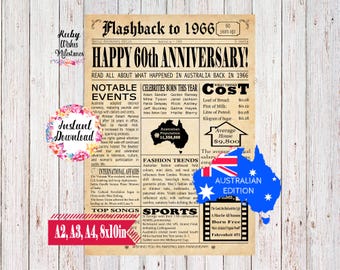 1966 60th Wedding Anniversary Newspaper Printable • Australian Edition • Instant Digital Download • Married in 1966 • Printable Gift