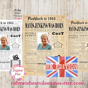 Personalised British 80th Birthday 1945 Newspaper Poster Major Events Back in the Day Printable- UK data for United Kingdom born in 1945