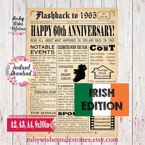Instant Download 60th Anniversary 1965 Irish Newspaper Front Page Poster Major Events Back in the Day Printable- Married in Ireland